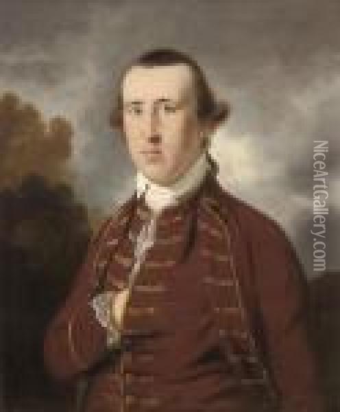 Portrait Of A Gentleman, 
Half-length, In A Rust Coat And Waistcoatwith Gold Frogging, In A 
Landscape Oil Painting - Tilly Kettle
