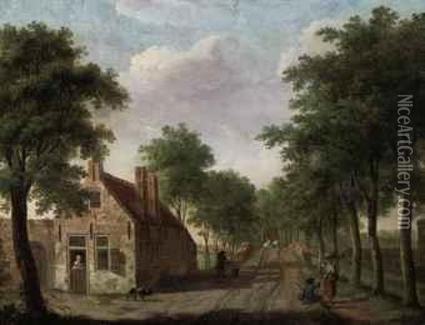 A Horse Drawn Cart Approaching A Farm With Several Figures Oil Painting - Jean George Teissier