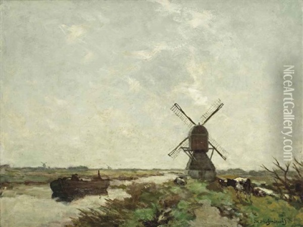 Polder Landscape With A Windmill And Cows Oil Painting - Jan Hendrik Weissenbruch