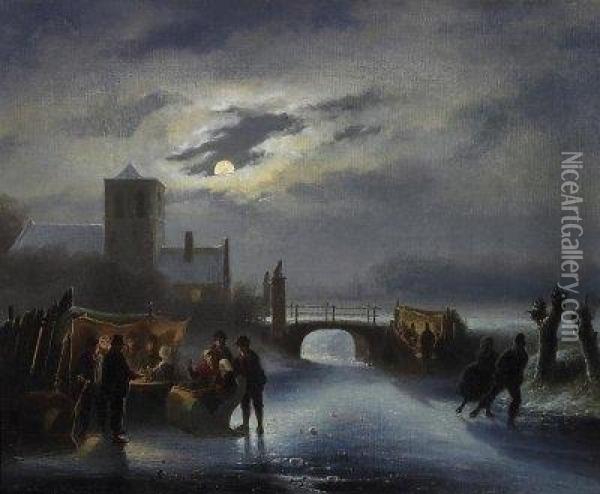 Amused Round In Winterly Moonlit Setting. Signed Lower Left: C. Kimmel Oil Painting - Cornelis Kimmel