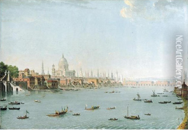 The Thames Looking Towards The City; And The Thames Looking Towards Westminster Oil Painting - Antonio Joli