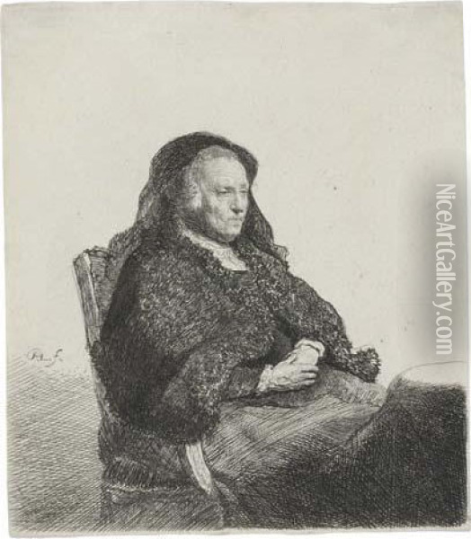 The Artist's Mother Seated At A Table Looking Right Oil Painting - Rembrandt Van Rijn