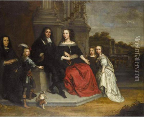 Family Portrait In A Classical Garden Setting Oil Painting - Jan Victors