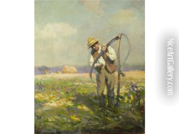 A Reaper Sharpening His Scythe, Probably At Speen, Near Newbury Oil Painting - Frederick Hall