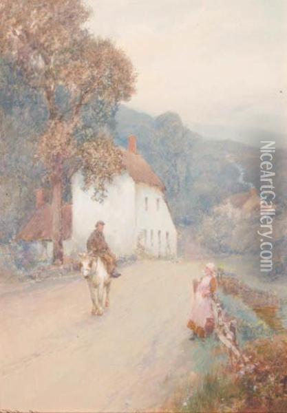 Figures And A Shire Horse On A Country Lane, Believed To Be Newtonpeppleford, Devon Oil Painting - John White