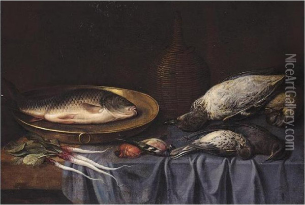 Still Life Of A Carp In A Dish With A Duck, Birds, A Radish And A Decanter Oil Painting - Sebastien Stoskopff