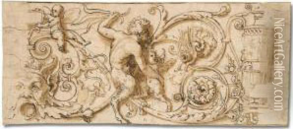 Design For A Frieze: A Satyr 
Protecting An Infant Satyr From A Monster, Amid Acanthus Leaves Oil Painting - Baldassare Peruzzi