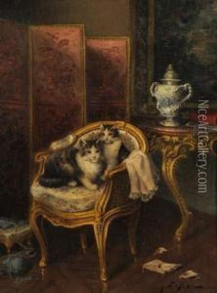 Chatons Dans Un Interieur Oil Painting - Jules Le Roy