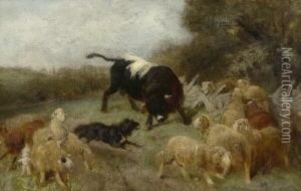 Ausgebrochener Bulle. Oil Painting - Heinrich Johann Von Zugel