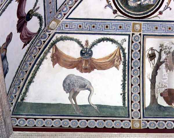 The Camera con Fregio di Amorini Chamber of the Cupid Frieze detail of an ostrich, 1520s Oil Painting - Giulio Romano (Orbetto)