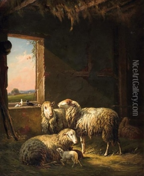 Schafe Im Stall Oil Painting - Louis (Ludwig) Reinhardt