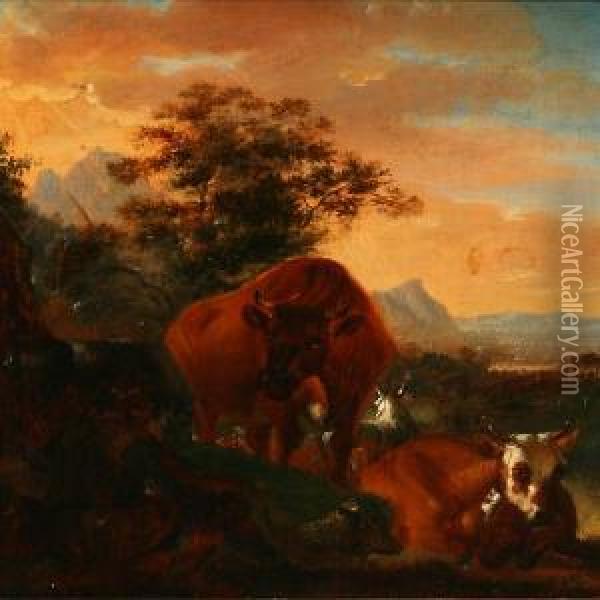 Evening Landscape With A Shepherd And Cattle Oil Painting - Barend Van Kalraet