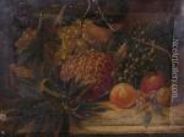 A Still Lifeof Grapes, Pineapple, Apples And Orange Oil Painting - Charles Thomas Bale