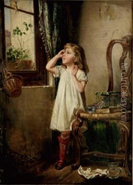 Girl With Birdcage Oil Painting - Carl Reichert