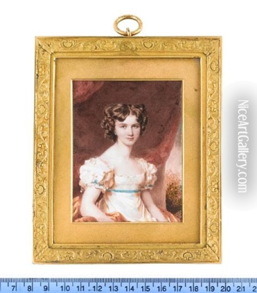 A Young Lady, Called Miss Mary C. Gerrard, Aged 16, Seated Before Red Drapery And Wearing Cream Dress With Lace Trim And Turquoise Blue Ribbon At Her Waist, Bouffant Sleeves Oil Painting - Francois Theodore Rochard