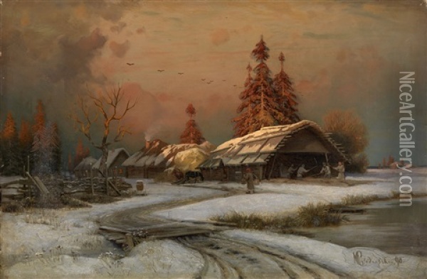Village Scene In Winter Oil Painting - Petr Alexanderovich Sukhodol'sky