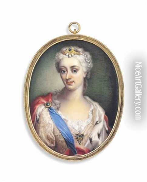 Princess Maria Clementina Sobieska (1702-1735), In Pink Damask Dress, Ermine-lined Red Cloak, Wearing The Blue Sash Of The Order Of The Garter Oil Painting - Martin van Meytens the Younger