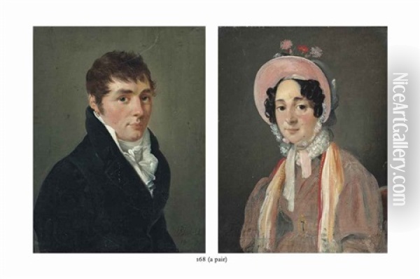Portrait Of A Man, Half-length, In A Black Coat And Neckcloth And Portrait Of A Woman, Half-length, In A Pink Dress And Bonnet With Flowers (pair) Oil Painting - Francois Jean (Jean Francois) Sablet