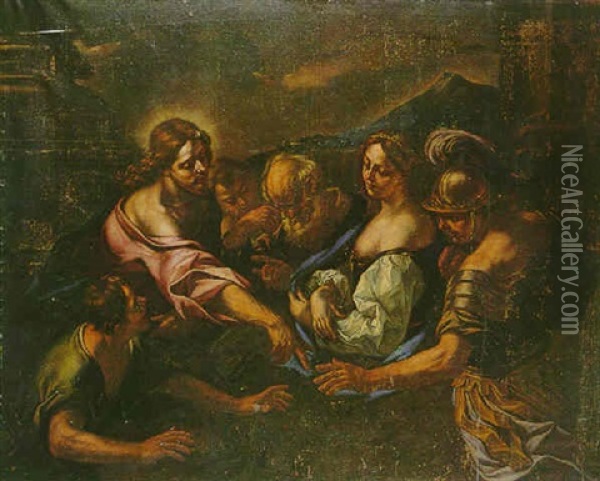 Christ And The Adultress Oil Painting - Giovanni Battista Beinaschi