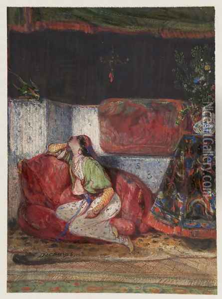 Young Oriental woman in an interior Oil Painting - Alexandre Gabriel Decamps