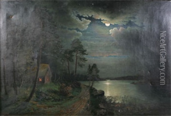 Manskenslandskap Med Stuga Oil Painting - Johan Petter Olai