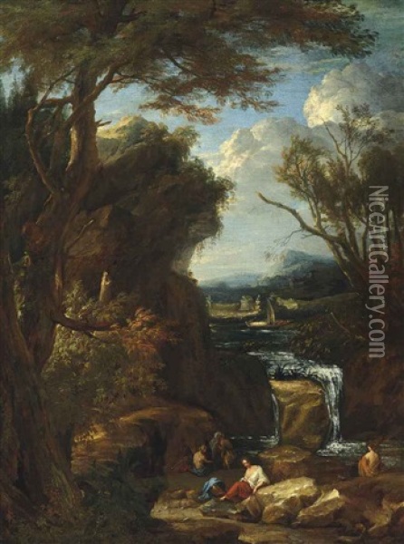 An Italianate River Landscape With Figures Bathing And A Temple In The Background Oil Painting - Pietro Testa