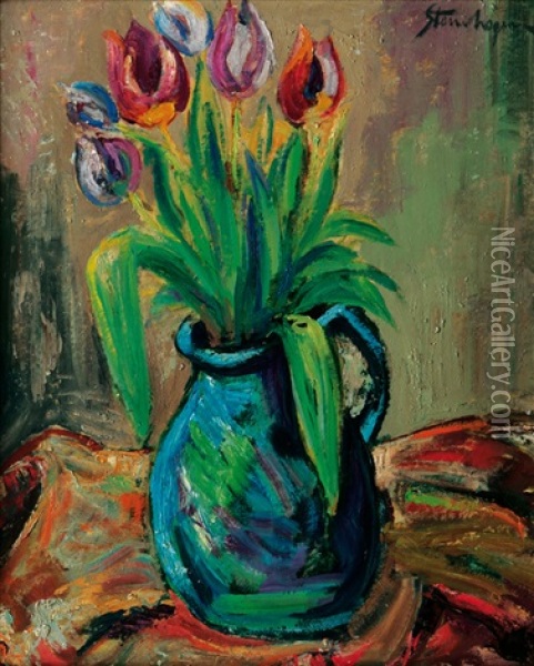 Tulips In A Jar Oil Painting - Heinrich Steinhagen