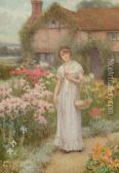 'the Old Manse Garden'; 'at The Cottage Door' Oil Painting - William Affleck