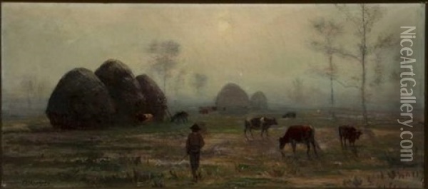 Cows In The Field At Dawn Oil Painting - Thomas Corwin Lindsay