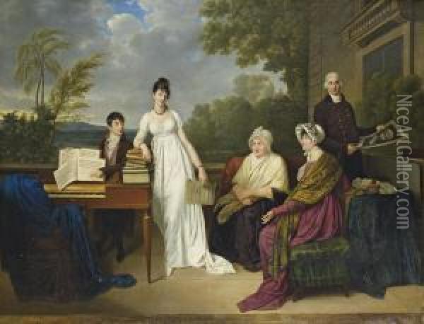 Portrait De La Famille De L'artiste Posant Devant Le Chateau De Juilly Oil Painting - Adele Romany