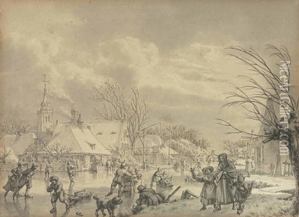 The Month Of December: Skaters On A Frozen River With A Village Beyond Oil Painting - Jacob Cats