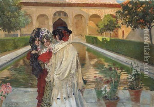 Tres Mujeres En El Alhambra Al Atardecer Oil Painting - Carlos Vazquez Ubeda