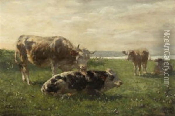 Hollandische Weidelandschaft Mit Kuh, Stier Und Kalbern Oil Painting - Hermann Baisch