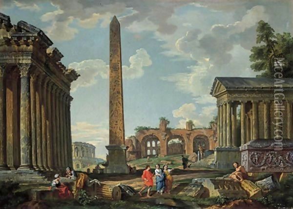 A capriccio with figures among the ruins of the Temples of Adrian and Fortuna Virile and an obelisk Oil Painting - Giovanni Paolo Panini