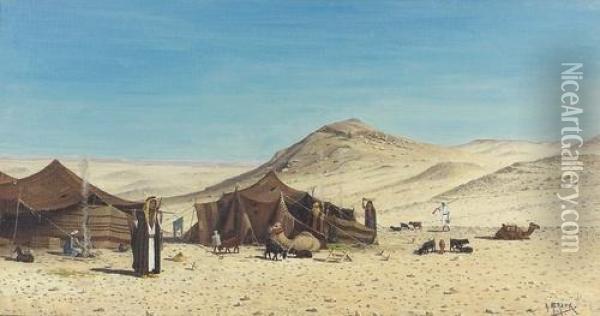 Beduinen Vor Aufgeschlagenen Zelten In Der Wuste. Oil Painting - Arthur Herzog