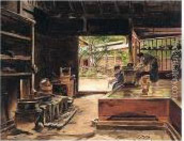 The Interior Of A Kitchen At Kikonya-shisendyi, Idzu Province, Japan Oil Painting - Georges Ferdinand Bigot