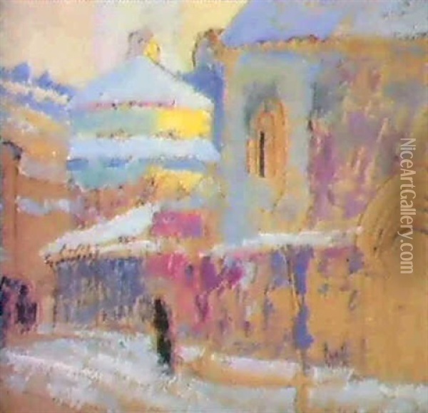 Rue De Village;                                             Porte Au Dos Une Esquisse, Cheval Et Charrette Oil Painting - Victor Charreton