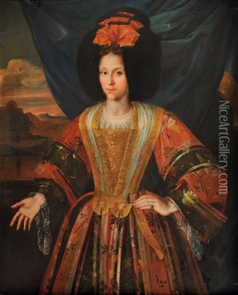 Portrait De Femme En Robe Brodee Et Bonnet De Fourrure Borde De Dentelles Oil Painting - Johann Martin Veith