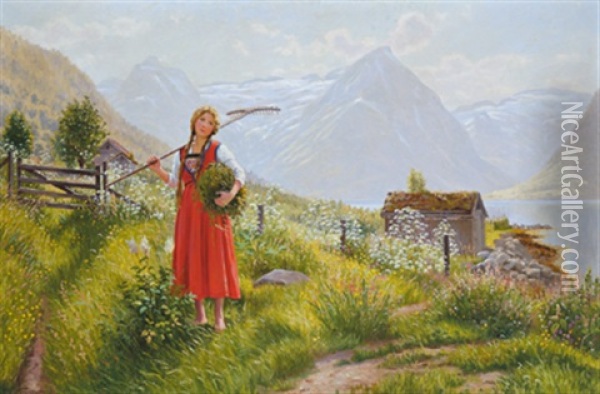 Sommertag An Einem Norwegischen Fjord (sognefjord Mit Tochter Emma?) Oil Painting - Adelsteen Normann