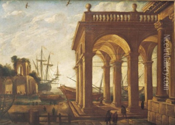 Vista Arquitectonica Con Puerto De Mar Oil Painting - Viviano Codazzi