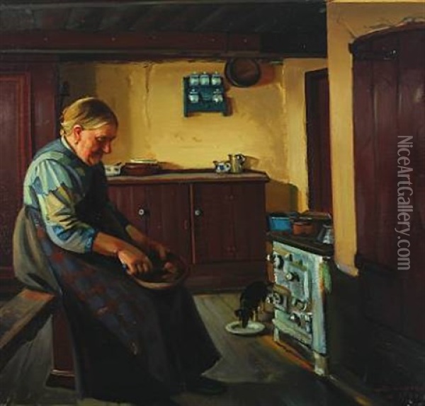 Interior From A Kitchen With Woman And Dog Oil Painting - Marie Sandholt
