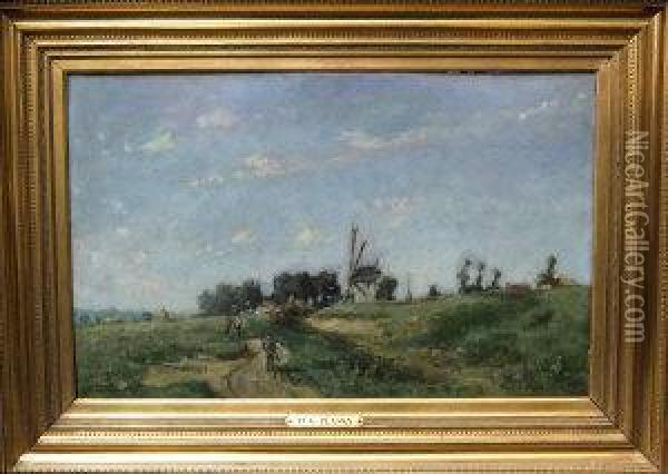 Country Landscape With Windmill And Figures Strolling Along A Path Oil Painting - Eugene Plasky