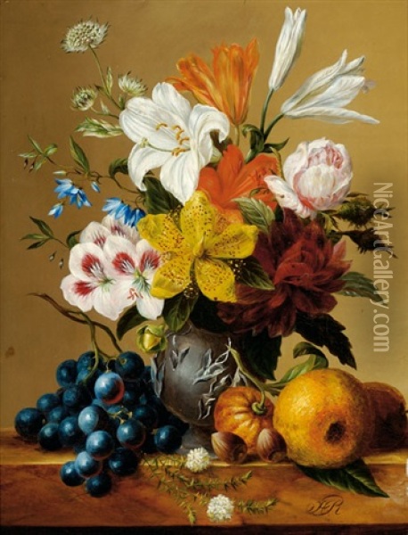 Still Life With Flowers In A Vase And Fruit And Hazelnuts On A Ledge Oil Painting - Hendrik Reekers