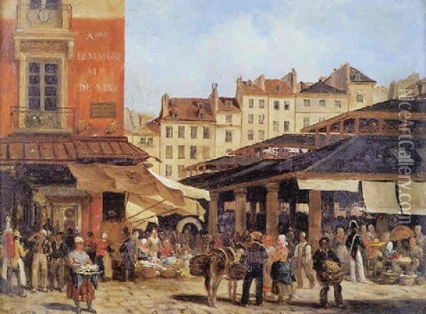 Les Halles Et La Rue De La Tonnellerie A Paris Oil Painting - Giuseppe Canella I