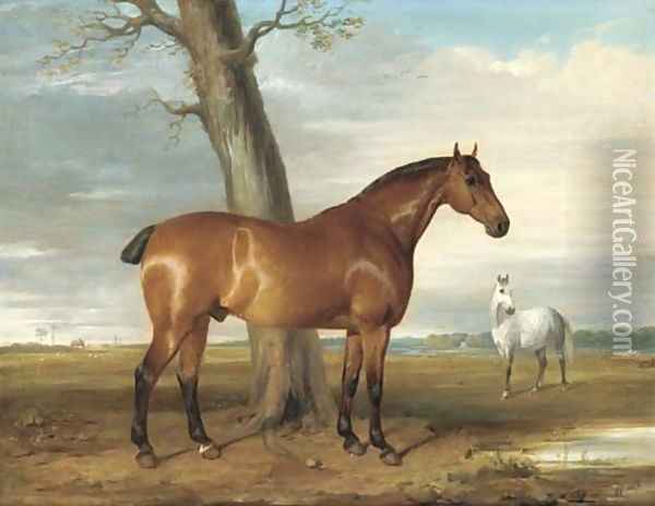 A chestnut and a gray in an extensive river landscape Oil Painting - Thomas Woodward