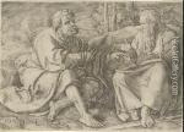 Saints Peter And Paul Seated In A Landscape Oil Painting - Lucas Van Leyden