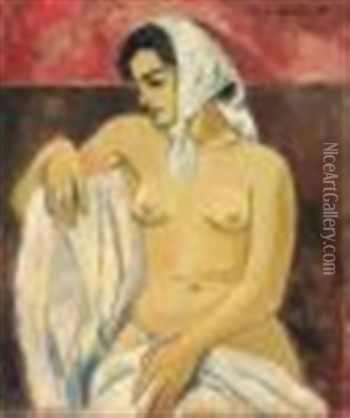 Female Nude With Headscarf Oil Painting - Maurice Charles-Marie Liepvre