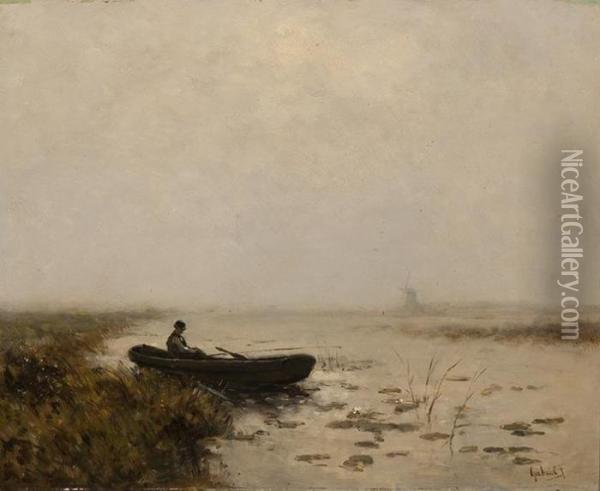 Fisherman In His Boat In A Polderlandscape Oil Painting - Paul Joseph Constantine Gabriel