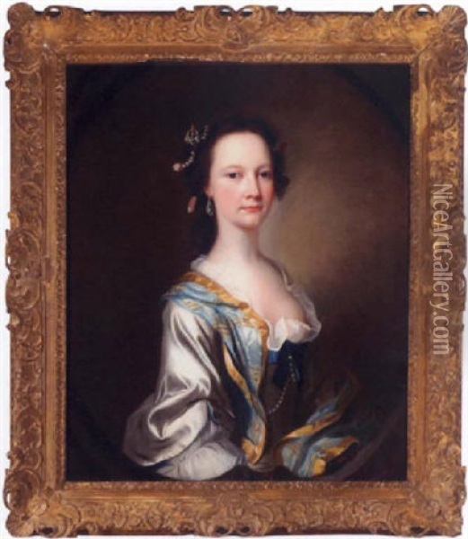 Portrait Of Miss Parker Wearing A White Dress And Blue Cloak Oil Painting - James Cranke