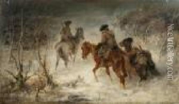 Cossacks Riding Through A Snowy Forest Oil Painting - Adolf Schreyer